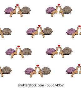Seamless pattern turtle boy and girl turtle kissing. Red hearts on a white background. Valentine's Day card. Hand drawing. Vector illustration.