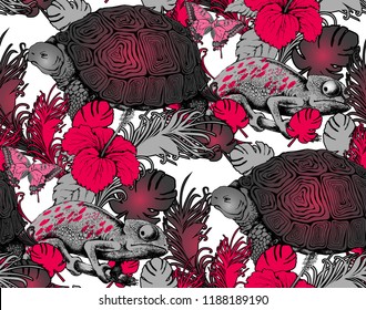 Seamless pattern of turtle, chameleon and flowers. Vector illustration
