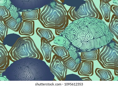 Seamless pattern of turtle. Engravrd style. Vector illustration