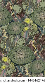 Seamless pattern of turtle. Engravrd style. Vector illustration