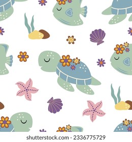 
seamless pattern with turtle, fish