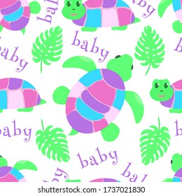 Seamless pattern with turtle, green leaves monstera, word baby. Vector illustration. For fabric textile, print of children clothes, bag, t-shirt, wallpaper, paper, wrapping. Cute wild animal.