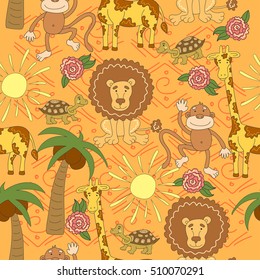 Seamless pattern with turtle, lion, monkey, giraffe, palm tree.