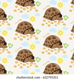 Seamless pattern turtle on a background of grass and sky