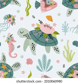 
seamless pattern with turtle and sea life