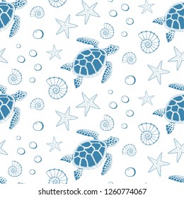 Seamless pattern of turtle, sea stars and shells. Vector illustration.