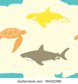 Seamless pattern with turtle, shark and whales. Vector illustration.