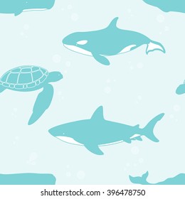 Seamless pattern with turtle, shark and whales. Vector illustration.