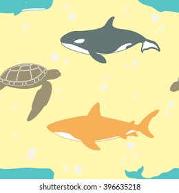 Seamless pattern with turtle, shark and whales. Vector illustration.