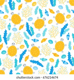Seamless pattern with turtle, shell and seaweed on white background