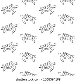 Seamless pattern with turtle silhouette - black outline isolated on white background; Endless texture with swimming tortoise outline drawing for fabric print, gift wrap, invitations and wrapping paper