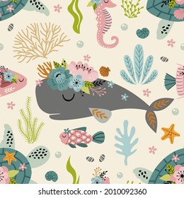 seamless pattern with turtle, sperm whale, sea horse and fish