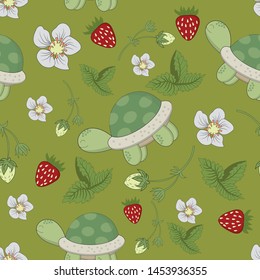 Seamless Pattern Turtle Strawberry Background