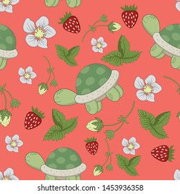 Seamless Pattern Turtle Strawberry Background