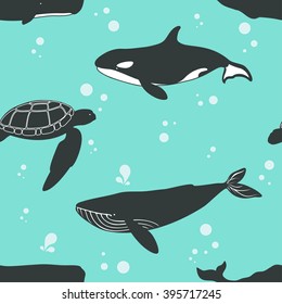 Seamless pattern with turtle and whales. Vector illustration.