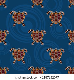 Seamless pattern of turtles with abstract circles on background. Australian art. Aboriginal painting style. Vector color background.