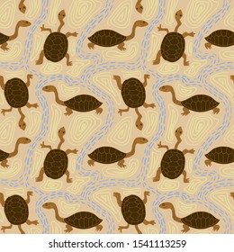 Seamless pattern of turtles and australian ethnic ornament. Repeatable textile vector print, wallpaper design.