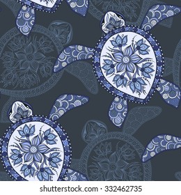 Seamless pattern with turtles. Seamless pattern can be used for wallpaper, pattern fills, web page background,surface textures. Seamless animal background. Indian mehndi style