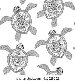 Seamless pattern with turtles. Can be used for wallpaper, pattern fills, web page background, surface textures, coloring book  for adult.  Indian mehendi style
