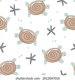 seamless pattern with turtles. children's print. sea ​​turtles. pattern with starfish.