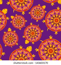 Seamless pattern of turtles with colorful African shells