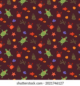 Seamless pattern with turtles, crabs and fishes. Hand-drawn style. Design for decorating a nursery.	