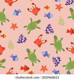 Seamless pattern with turtles, crabs and fishes. Hand-drawn style. Design for decorating a nursery.	
