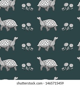 seamless pattern of turtles and daisies flowers. vector illustration. hand drawing eps10
