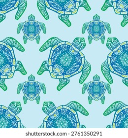 Seamless pattern with turtles ethnic. Hand drawn sea animals. Vector illustration.