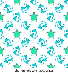 Seamless pattern with turtles and fish. Ccan be used for wallpaper, pattern fills, web page background,surface textures. 