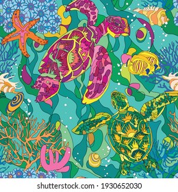 Seamless pattern with turtles, fish, corals and shells in sea water. Vector illustration. 