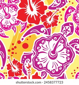 Seamless pattern with turtles and hibiscus flowers
