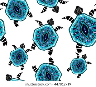 Seamless pattern with  turtles in indigenous style Vector in blue