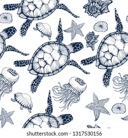 seamless pattern, turtles, jellyfish, starfish, hand drawing vector