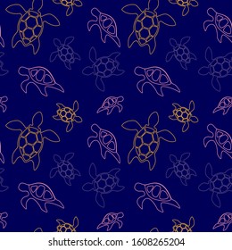 Seamless pattern with turtles. Linear graphics. Animal world under water. Ocean. Vector