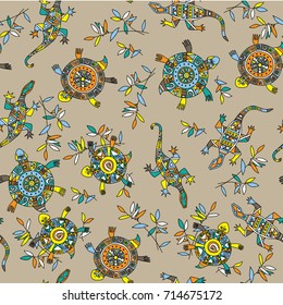 Seamless pattern with turtles, lizards and plants on a beige background.