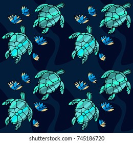 Seamless pattern with turtles and lotuses. Vector image in blue colors.