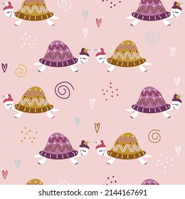 Seamless pattern with turtles in love on a pink background