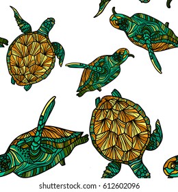 Seamless pattern with turtles on white background. Vector illustration.