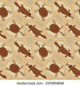 Seamless pattern of turtles and platypus with ethnic ornament elements. Australian repetitive textile vector print or wallpaper design.