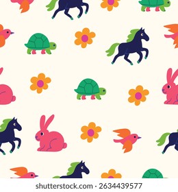 Seamless pattern with turtles, rabbits, horses, birds, and flowers in bright, playful cartoon style. Multicolored animal design on a light background.