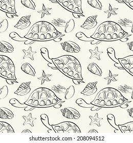 Seamless pattern, turtles, seashells, starfish and jellyfish black contours isolated on white background. Vector