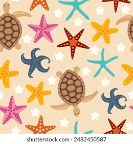 Seamless pattern with turtles and seastars. Nautical children's pattern. Vector art