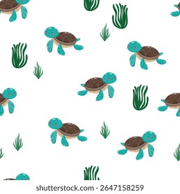 Seamless pattern with turtles and seaweed