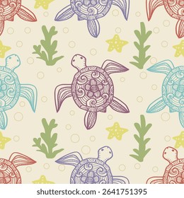 Seamless pattern with turtles and seaweed. Vector illustration.