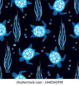 Seamless pattern with turtles and seaweeds. Watercolor underwater life.