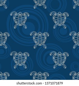 Seamless pattern of turtles silhouettes with abstract circles on background. Australian art. Aboriginal painting style. Vector color background.