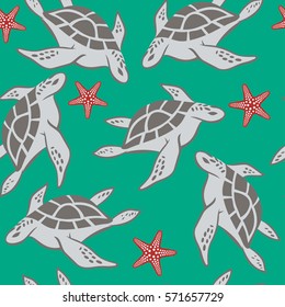 seamless pattern with turtles and starfish