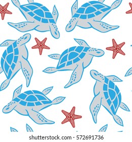 seamless pattern with turtles and starfish