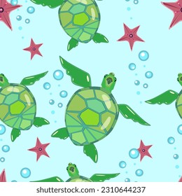 Seamless pattern with turtles and starfish. Design for textile and print. Summer vivid wallpaper